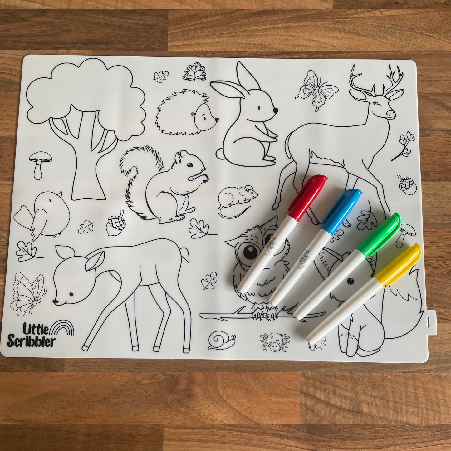 Wipe Clean Silicone Colouring Mat, Pens and Pouch - Woodland Creatures