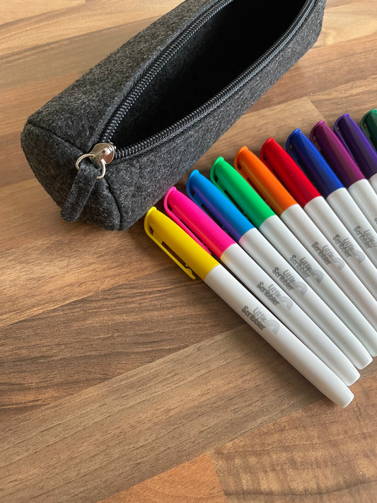 12 Washable pens  and felt pencil case